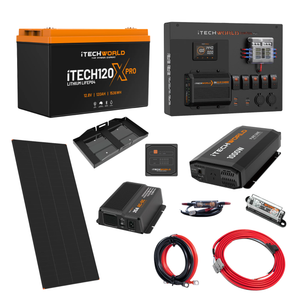 The iTechworld Expansion Ute Dual Battery Kit 120Ah Lithium comes with a lithium battery, solar panel, inverter, cables, charger, control panels, and mounting brackets—all shown on a white background.