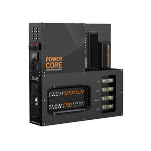 The iTechworld Power Core System + Super Slim 200Ah is a compact black power supply unit with multiple battery slots, honeycomb-patterned vents, and side power switches, featuring an industrial design.