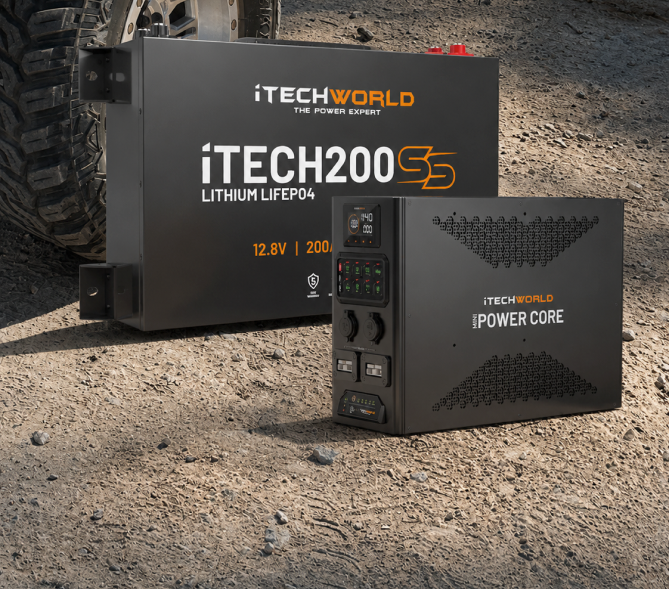 Two black iTechworld devices, the Mini Power Core and Super Slim 200Ah, are placed on dirt beside a vehicle tire, lit by sunlight.