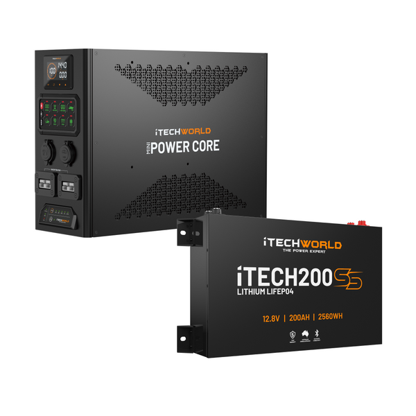 Two black iTechworld devices: a rectangular lithium battery and the larger iTechworld | 200Ah Super Slim Mini Power Core | All-in-One Complete System with control panels, ports, and “The Power Expert” label.