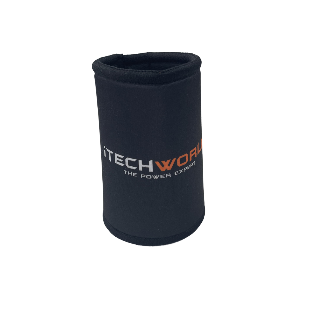 The iTechworld Magnetic Stubby Holder (375mL) is a black neoprene can cooler with the iTECHWORLD THE POWER EXPERT logo in white and orange, designed to keep your drinks chilled longer.