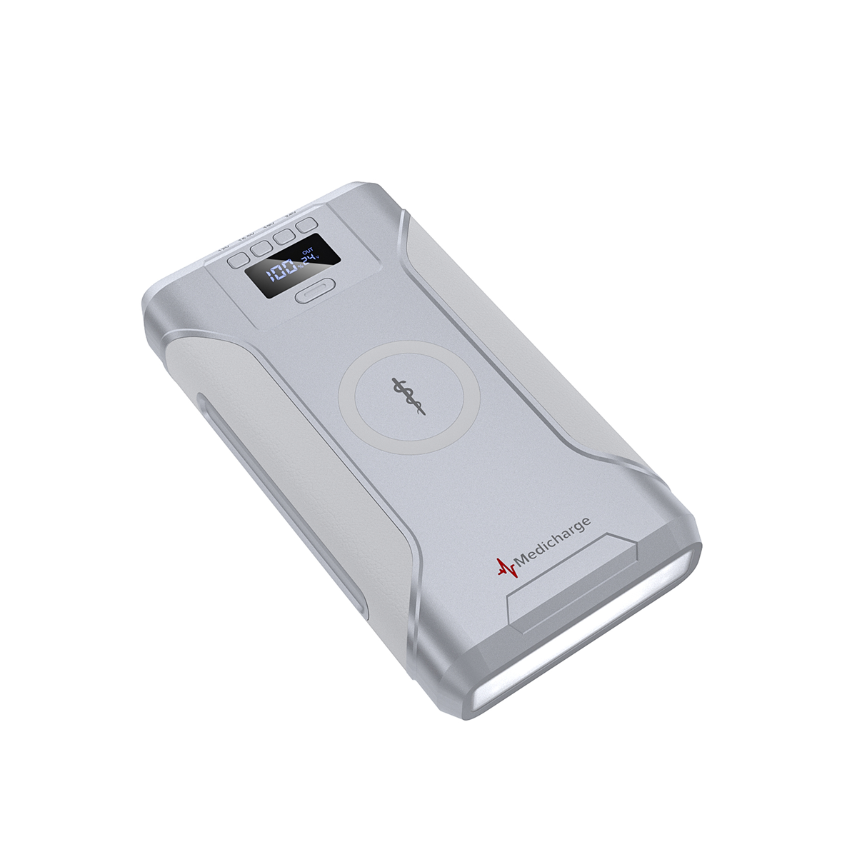 The silver Medicharge Flex | CPAP Battery | 276Wh has a digital display, wireless charging symbol, flashlight on one end, and “Medicharge” branding—making it a reliable portable power supply for CPAP machines.