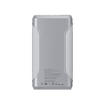 A silver and white, rounded-edge device viewed from the back with product info and certification symbols near the bottom—the Medicharge Flex | CPAP Battery | 276Wh is perfect as a portable CPAP battery or power supply.