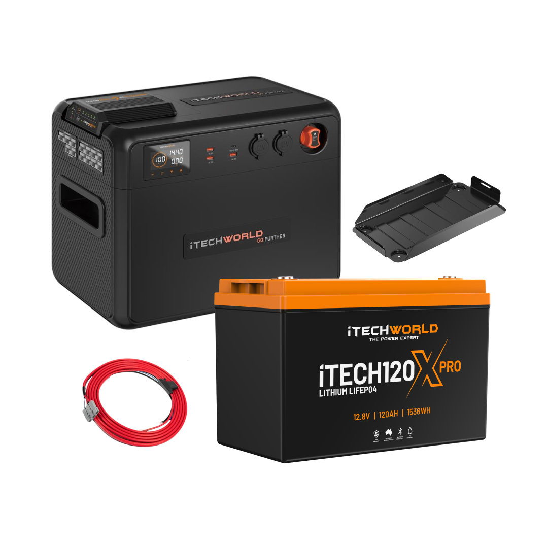 The iTechworld Premium Portable Dual Battery Kit (120Ah Lithium) features a black and orange power station, matching LiFePO4 battery, red cable, and black mounting bracket—perfect for off-grid energy solutions.