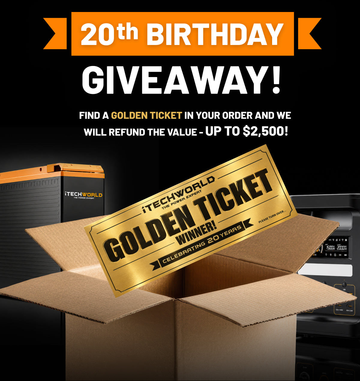 Promotional graphic for a TechWorld 20th Birthday Giveaway, featuring a large gold 'Golden Ticket' floating above an open cardboard box, with text offering a $2,500 refund up to 20th birthday customers.