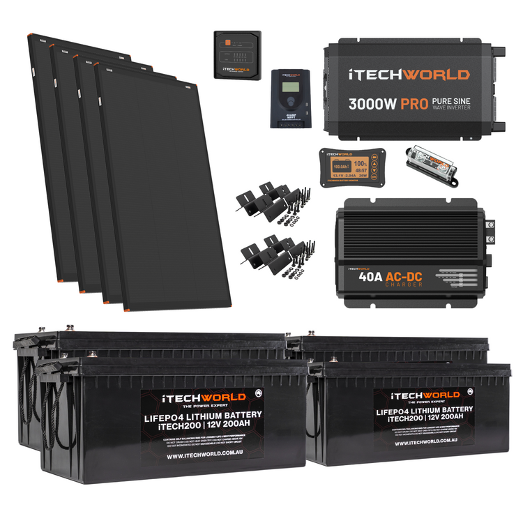 The iTechworld Off Grid System 10.24kWh includes four large solar panels, a pure sine wave inverter, controller, mounting hardware, cables, fuse, and four 12V 200Ah lithium batteries—perfect for any 12V build or lithium caravan kit.