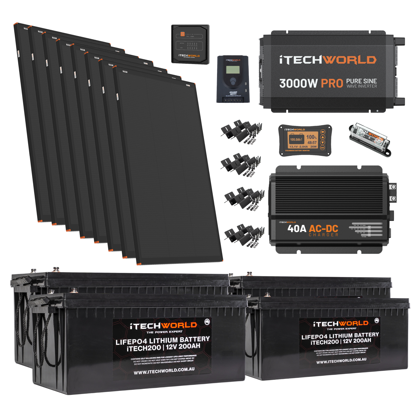 The iTechworld Off Grid System 10.24kWh kit includes eight solar panels, two large lithium batteries, pure sine wave inverter, charger, digital controller, cables, connectors, and accessories—ideal for your 12V build.