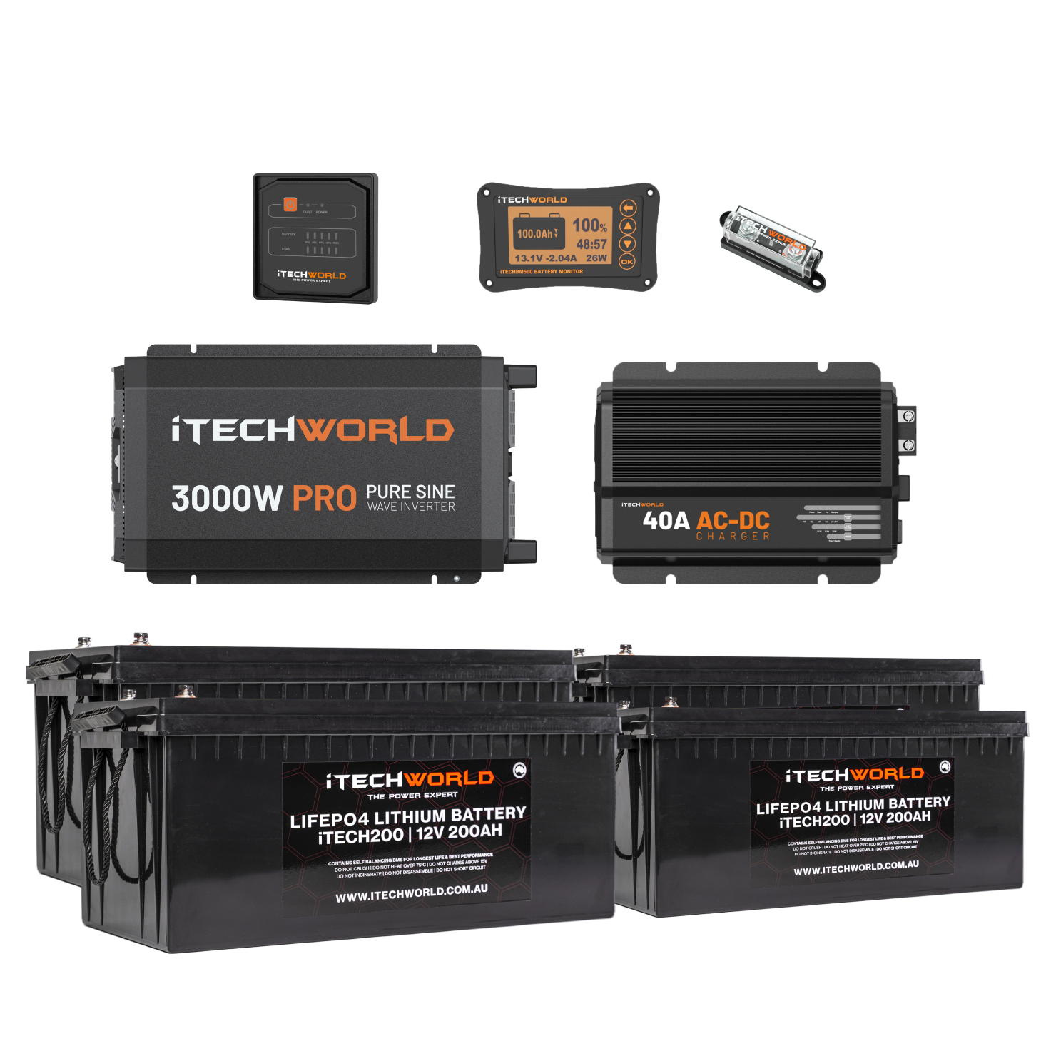 The iTechworld Off Grid System 10.24kWh includes a 3000W pure sine wave inverter, battery monitor, solar charge controller, DC-DC charger, and two large 12V 200Ah lithium batteries—perfect for your next 12V build.