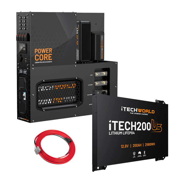 A black iTechworld 200Ah Ultra Slim Power Core All-in-One Complete System, featuring a lithium LiFePO4 battery and a red cable with silver connectors, is displayed against a white background.