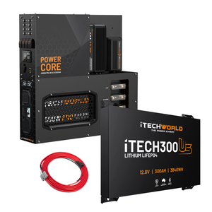 An iTechworld 300Ah Ultra Slim Power Core All-in-One Complete System, featuring a lithium LiFePO4 battery and red cable with connectors, is displayed on a white background.