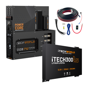 An iTechworld 300Ah Ultra Slim Power Core All-in-One Complete System, featuring a lithium LiFePO4 battery and red cable with connectors, is displayed on a white background.