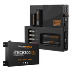 A black iTechworld Power Core System + Super Slim 200Ah unit with visible ports sits next to an iTechworld 12.8V 200Ah Lithium LiFePO4 battery.