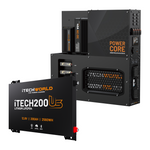 The iTechworld Power Core System + Ultra Slim 200Ah is shown in black with multiple outlets and switches, alongside a separate rectangular lithium battery labeled 12.8V, 200Ah, 2560Wh.