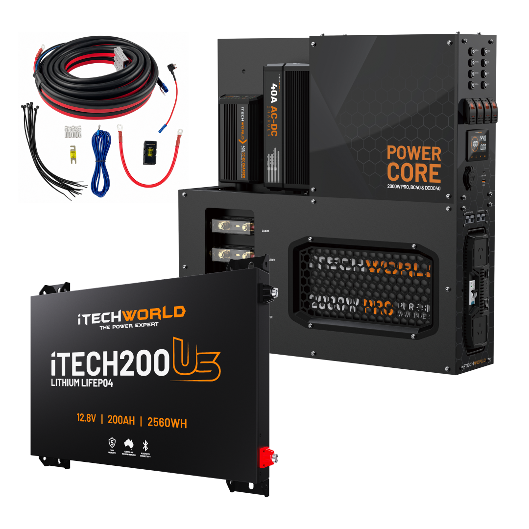 The iTechworld 200Ah Ultra Slim Power Core All-in-One Complete System offers off-grid performance with cables, connectors, a black Power Core management unit, and a 12.8V 200Ah lithium battery—your ultimate power solution.