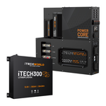 The iTechworld Power Core System and Super Slim 300Ah LiFePO4 battery (12.8V, 300Ah, 3840Wh) are shown side by side, both featuring a modern industrial design and versatile connection ports.