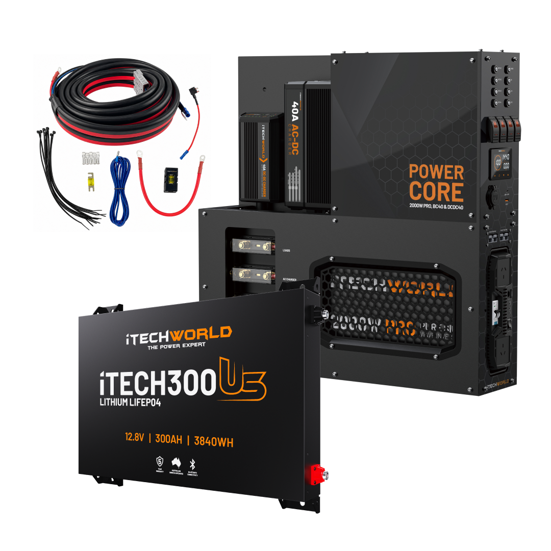 The iTechworld 300Ah Ultra Slim Power Core All-in-One Complete System includes all necessary cables, a power core, dual control panels, and a clearly labeled iTECH3000 lithium battery panel. This comprehensive setup is engineered for renewable energy storage and distribution, making it an ideal canopy power solution that delivers reliable off-grid performance.