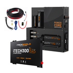 The iTechworld 300Ah Ultra Slim Power Core All-in-One Complete System includes all necessary cables, a power core, dual control panels, and a clearly labeled iTECH3000 lithium battery panel. This comprehensive setup is engineered for renewable energy storage and distribution, making it an ideal canopy power solution that delivers reliable off-grid performance.