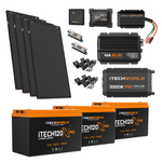 The Pro | Lithium Caravan Kit | 360Ah includes four solar panels, three iTECH120X PRO batteries, a 3000W inverter, 40A AC-DC charger, fuses, mounting brackets, and wiring—everything needed for reliable caravan power.