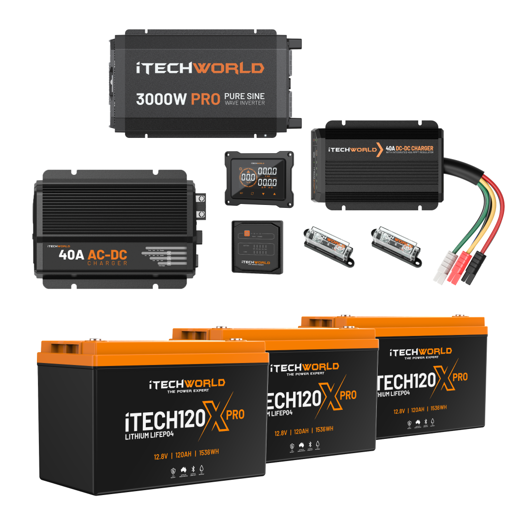 Experience reliable off-grid energy with the Pro | Lithium Caravan Kit | 360Ah—featuring iTECH120X PRO batteries, a 3000W inverter, 40A AC-DC and DC-DC chargers, control units, fuses, and cables for your caravan power needs.