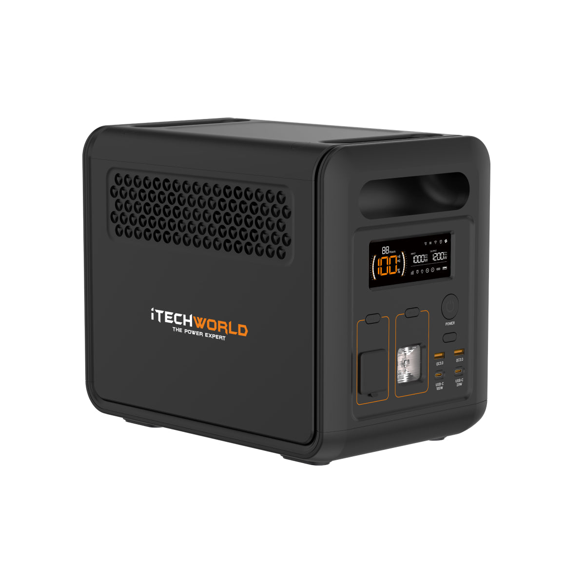 The iTechworld PS1200 Portable Lithium Power Station (1200W 85Ah) is a black, box-shaped device featuring a durable LiFePO4 battery and pure sine wave inverter, equipped with multiple input/output ports, a display screen, control buttons on the front panel, and Bluetooth connectivity.
