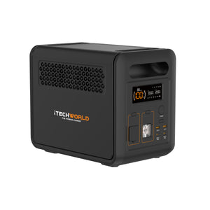 The iTechworld PS1200 Portable Lithium Power Station (1200W 85Ah) is a black, box-shaped device featuring a durable LiFePO4 battery and pure sine wave inverter, equipped with multiple input/output ports, a display screen, control buttons on the front panel, and Bluetooth connectivity.