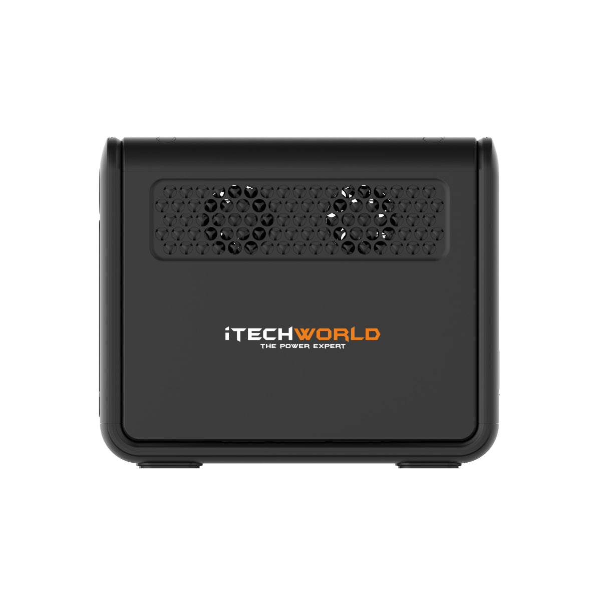 Front view of the iTechworld 1200W 85Ah PS1200 Portable Lithium Power Station with Bluetooth in black, featuring two vent-like openings and the orange and white iTECHWORLD THE POWER EXPERT logo on its surface.