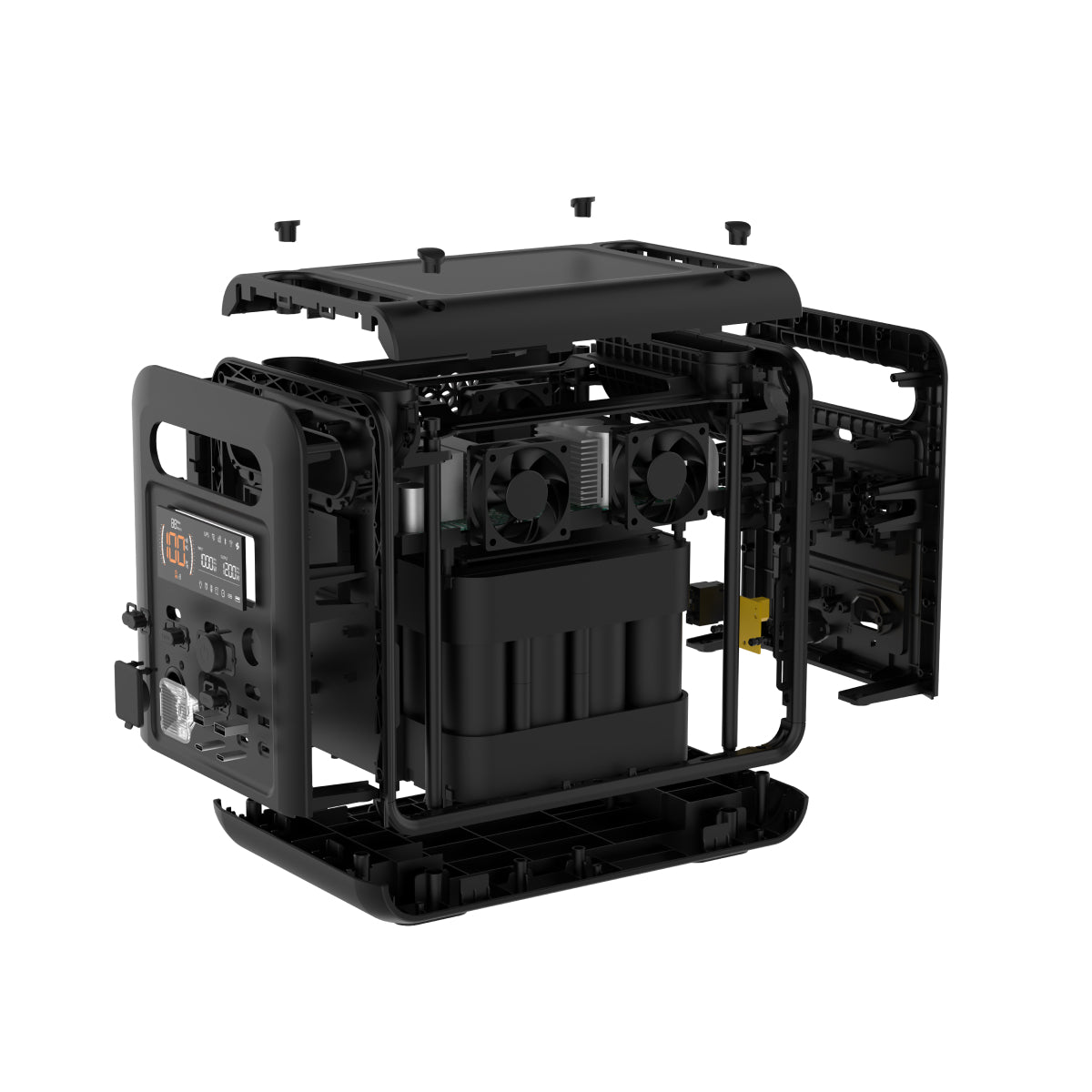 A black iTechworld PS1200 Portable Lithium Power Station (1200W, 85Ah) with its casing partially removed, displaying internal components such as fans, control panels, robust LiFePO4 battery packs, a pure sine wave inverter, and Bluetooth connectivity.