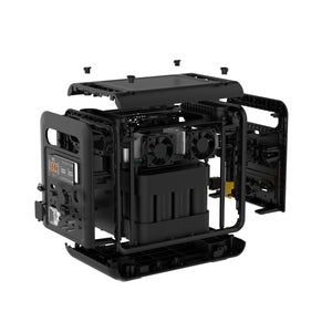 A black iTechworld PS1200 Portable Lithium Power Station (1200W, 85Ah) with its casing partially removed, displaying internal components such as fans, control panels, robust LiFePO4 battery packs, a pure sine wave inverter, and Bluetooth connectivity.