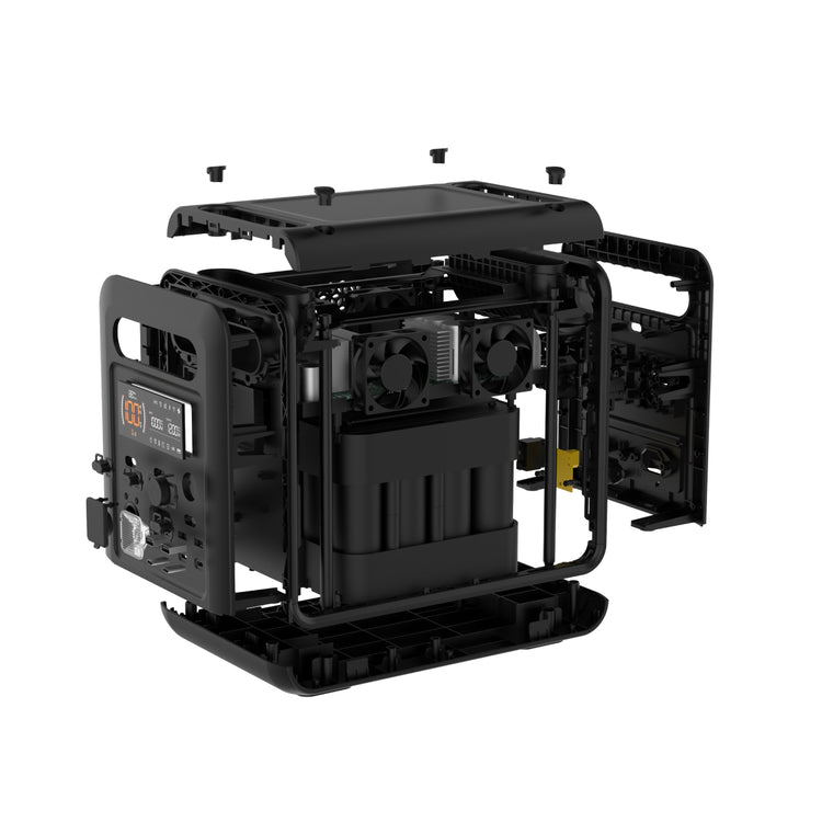 A black iTechworld PS1200 Portable Lithium Power Station (1200W, 85Ah) with its casing partially removed, displaying internal components such as fans, control panels, robust LiFePO4 battery packs, a pure sine wave inverter, and Bluetooth connectivity.