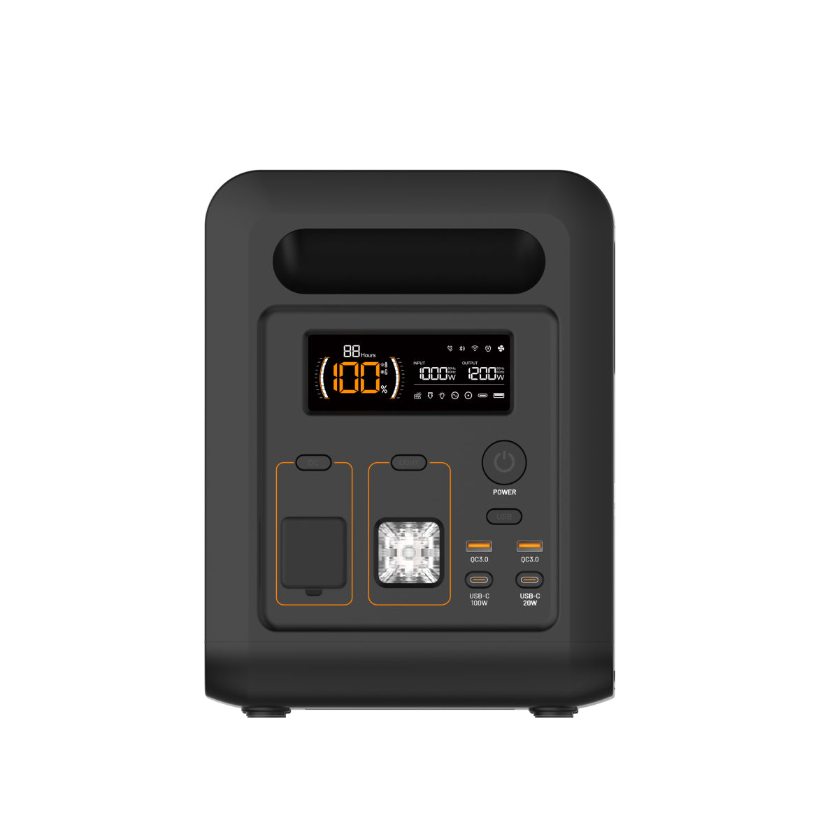 The iTechworld PS1200 Portable Lithium Power Station (1200W 85Ah) is a black, portable unit with a digital screen that displays battery status, buttons, ports, and a built-in flashlight on the front panel; it features a high-quality pure sine wave inverter for stable power delivery and includes Bluetooth connectivity.