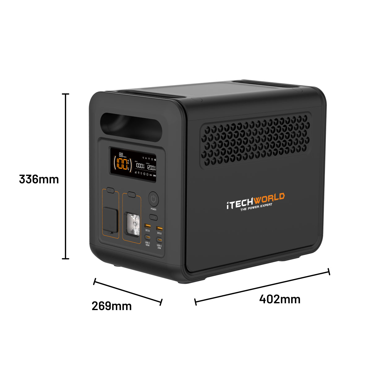 The iTechworld 1200W 85Ah PS1200 Portable Lithium Power Station with Bluetooth is a black unit featuring a pure sine wave inverter, front-facing display, buttons, and outlets. It is equipped with a reliable LiFePO4 battery for enhanced durability and performance. The dimensions are 336mm tall, 269mm deep, and 402mm wide. The “iTECHWORLD THE POWER EXPERT” logo appears on the side.