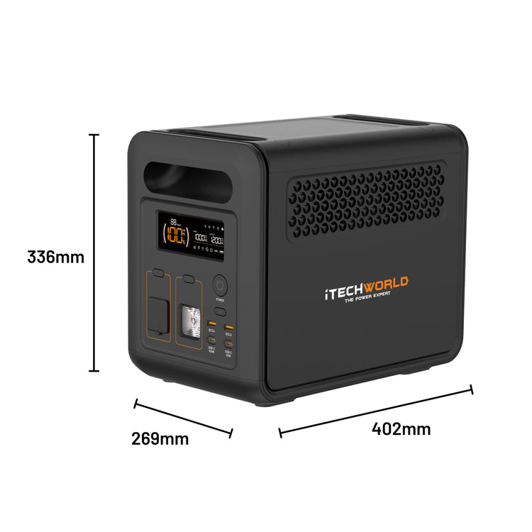 The iTechworld 1200W 85Ah PS1200 Portable Lithium Power Station with Bluetooth is a black unit featuring a pure sine wave inverter, front-facing display, buttons, and outlets. It is equipped with a reliable LiFePO4 battery for enhanced durability and performance. The dimensions are 336mm tall, 269mm deep, and 402mm wide. The “iTECHWORLD THE POWER EXPERT” logo appears on the side.