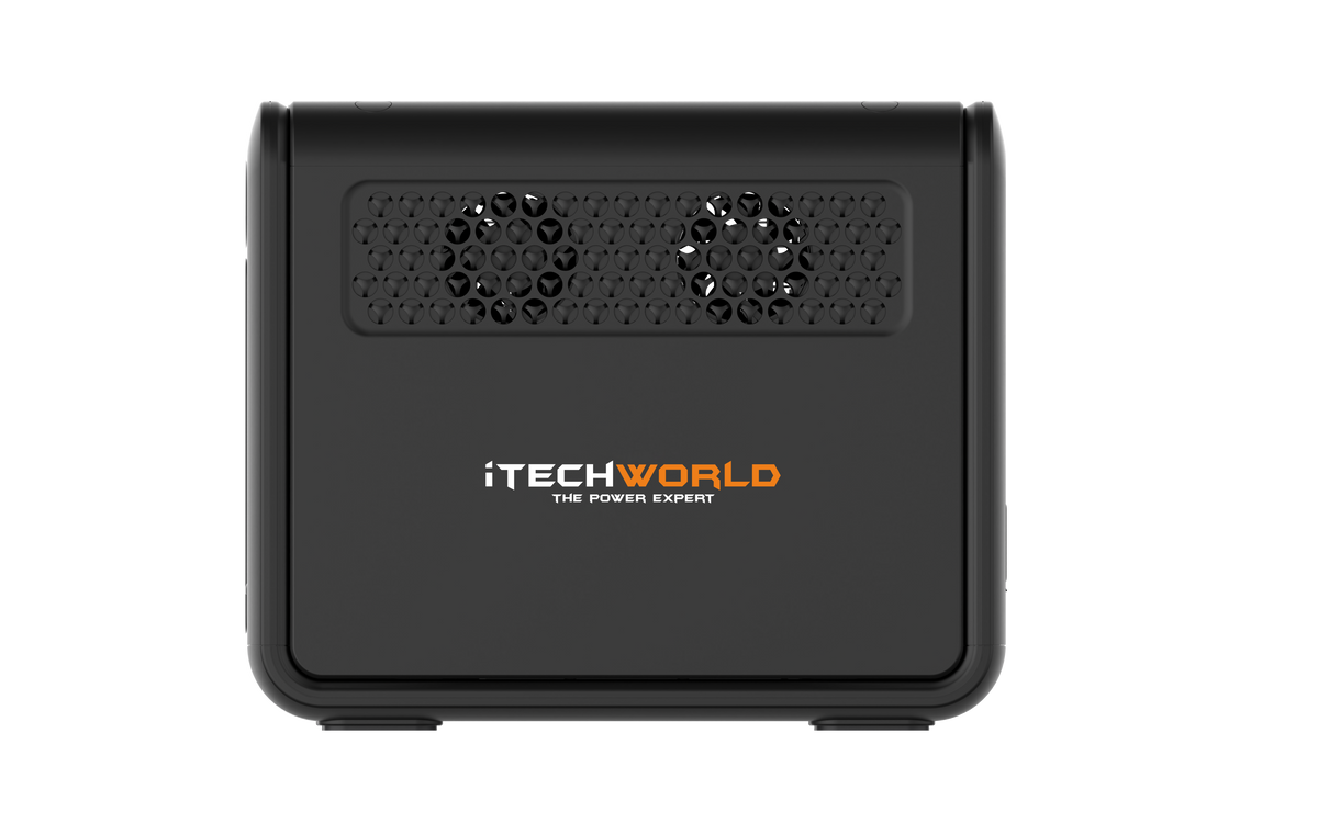 A black iTechworld 1200W 80Ah PS1200 Portable Lithium Power Station with two small cooling fans and the brand logo “iTechworld The Power Expert” in orange and white on the front, featuring a long-lasting LiFePO4 battery and Bluetooth connectivity.
