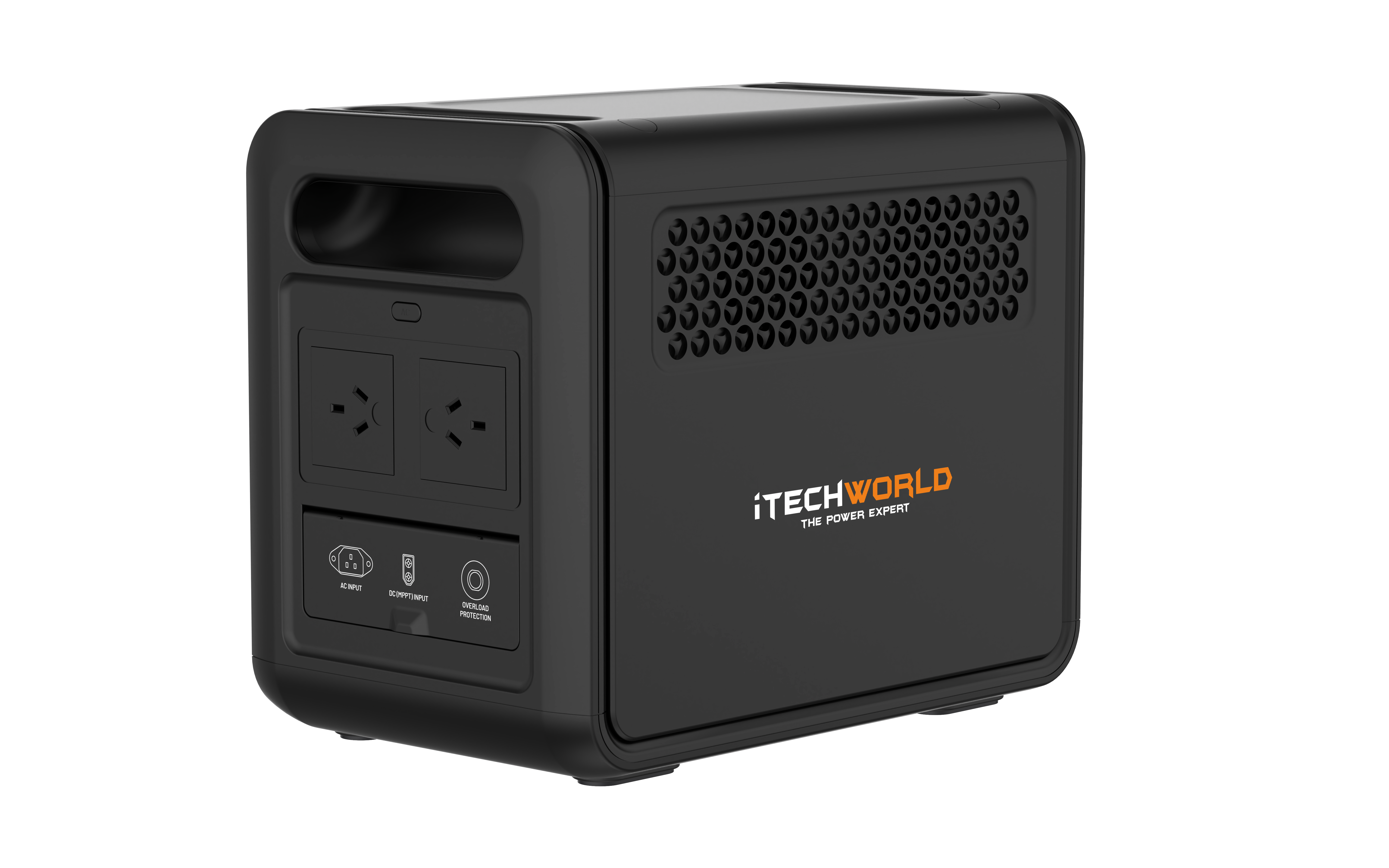The iTechworld 1200W 80Ah PS1200 Portable Lithium Power Station features a black design with a LiFePO4 battery, two AC outlets, a USB port, and front-facing buttons. “iTechWorld The Power Experts” is printed on the side. The device includes a pure sine wave inverter for reliable power delivery, as well as a handle and cooling vents. Bluetooth connectivity is also available for added convenience.