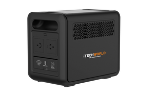 The iTechworld 1200W 80Ah PS1200 Portable Lithium Power Station features a black design with a LiFePO4 battery, two AC outlets, a USB port, and front-facing buttons. “iTechWorld The Power Experts” is printed on the side. The device includes a pure sine wave inverter for reliable power delivery, as well as a handle and cooling vents. Bluetooth connectivity is also available for added convenience.