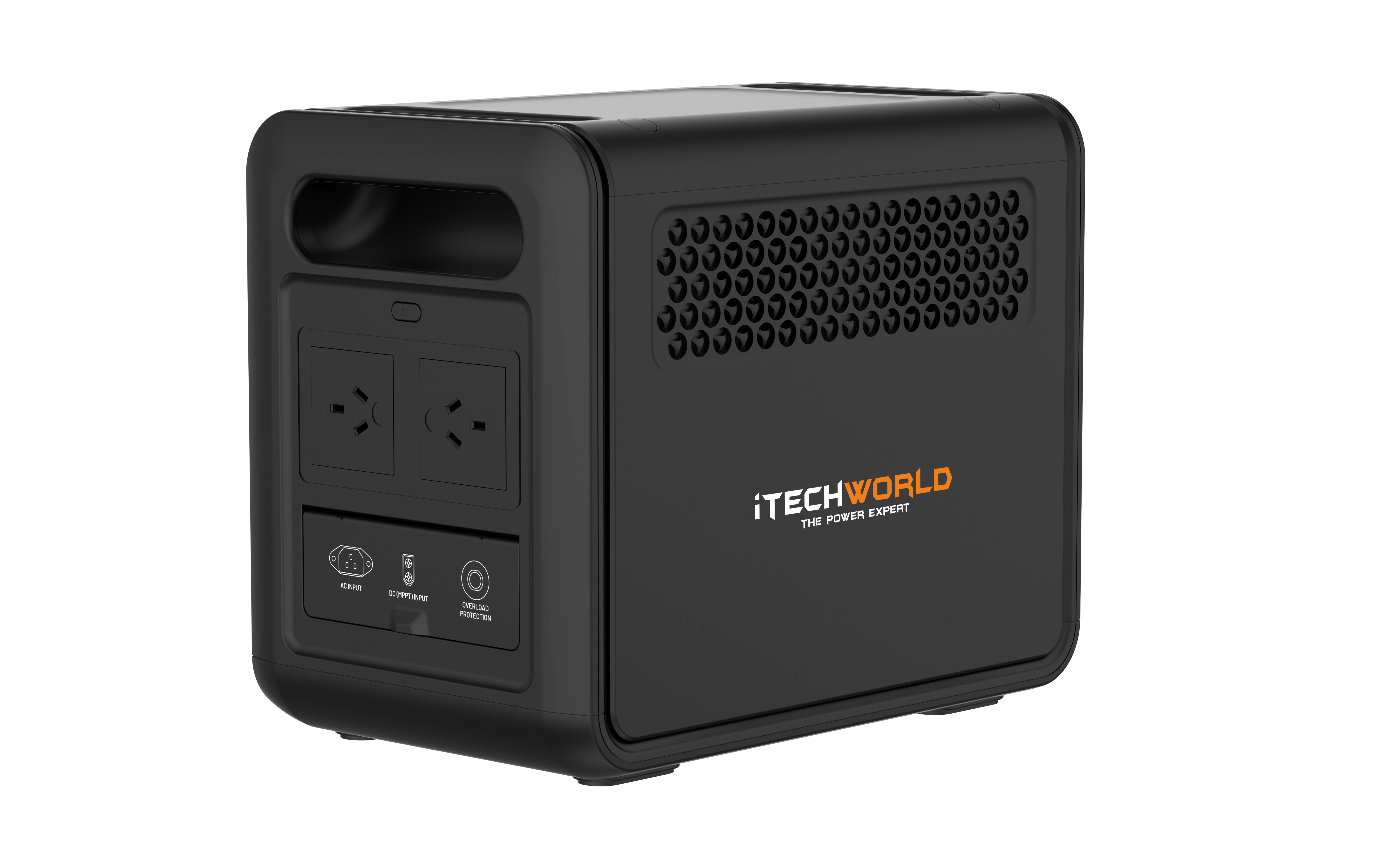 The iTechworld 1200W 80Ah PS1200 Portable Lithium Power Station features a black design with a LiFePO4 battery, two AC outlets, a USB port, and front-facing buttons. “iTechWorld The Power Experts” is printed on the side. The device includes a pure sine wave inverter for reliable power delivery, as well as a handle and cooling vents. Bluetooth connectivity is also available for added convenience.