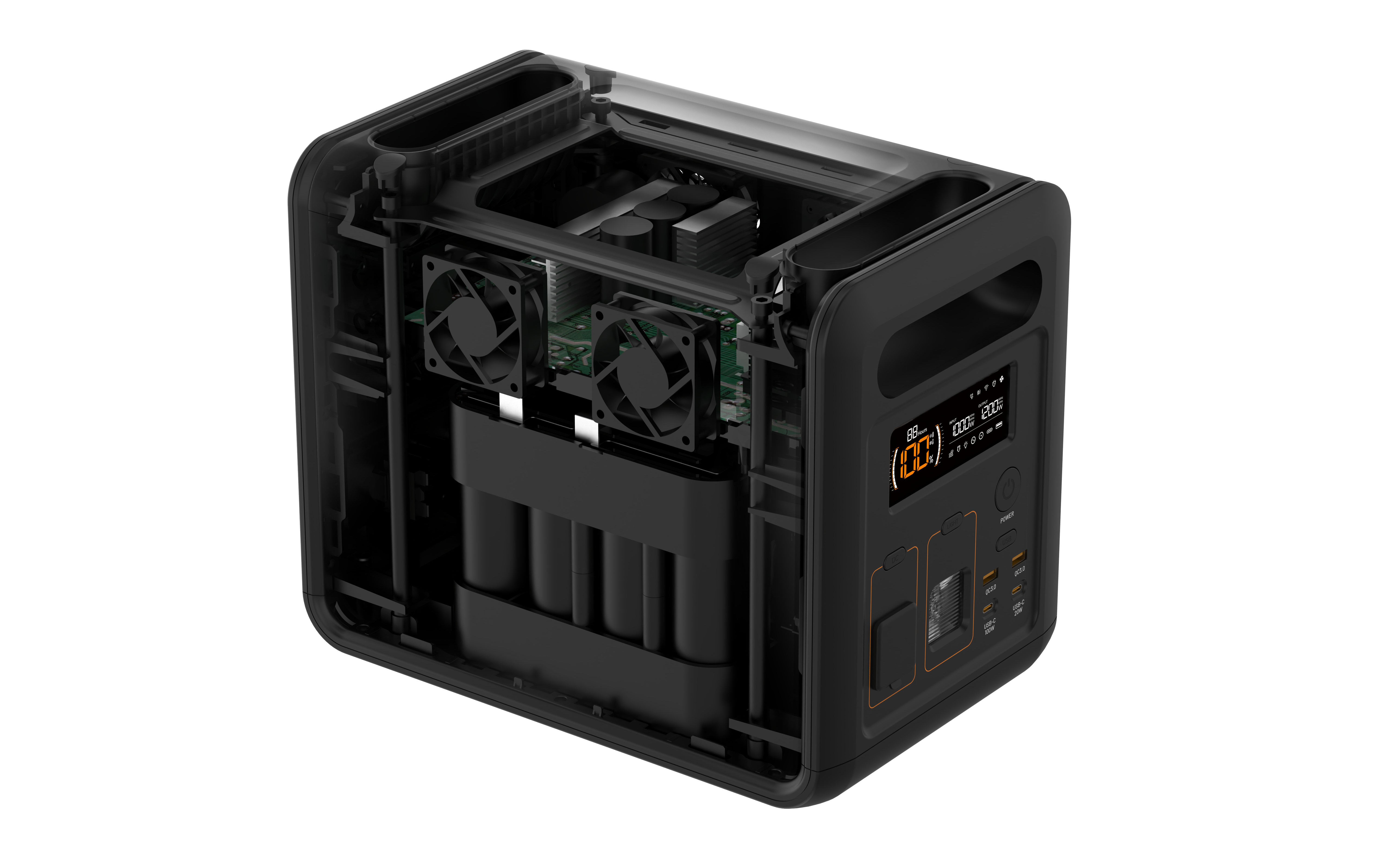The iTechworld PS1200 Portable Lithium Power Station (1200W 80Ah) features a bold black design with a transparent casing that displays its internal LiFePO4 batteries, circuit boards, cooling fans, and a digital display for real-time power information. This innovative unit includes a pure sine wave inverter for reliable and efficient energy output, plus Bluetooth connectivity for added convenience.