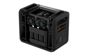 The iTechworld PS1200 Portable Lithium Power Station (1200W 80Ah) features a bold black design with a transparent casing that displays its internal LiFePO4 batteries, circuit boards, cooling fans, and a digital display for real-time power information. This innovative unit includes a pure sine wave inverter for reliable and efficient energy output, plus Bluetooth connectivity for added convenience.