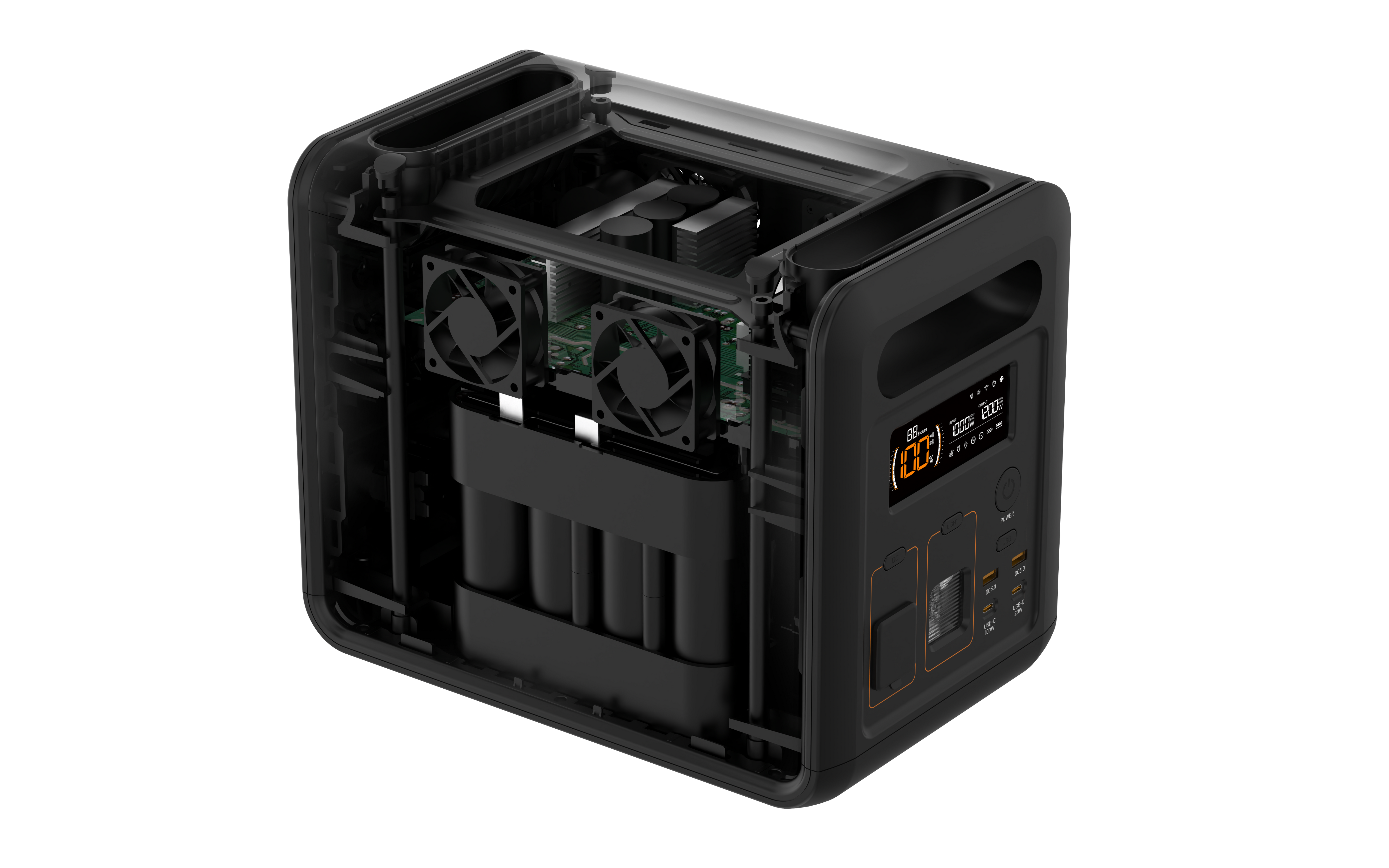 The iTechworld PS1200 Portable Lithium Power Station (1200W 80Ah) features a bold black design with a transparent casing that displays its internal LiFePO4 batteries, circuit boards, cooling fans, and a digital display for real-time power information. This innovative unit includes a pure sine wave inverter for reliable and efficient energy output, plus Bluetooth connectivity for added convenience.