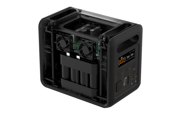 The iTechworld PS1200 Portable Lithium Power Station (1200W 80Ah) features a bold black design with a transparent casing that displays its internal LiFePO4 batteries, circuit boards, cooling fans, and a digital display for real-time power information. This innovative unit includes a pure sine wave inverter for reliable and efficient energy output, plus Bluetooth connectivity for added convenience.