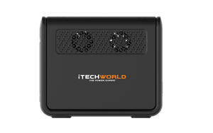 A black iTechworld 1200W 80Ah PS1200 Portable Lithium Power Station with two cooling fans and an orange “iTECHWORLD THE POWER EXPERT” logo on the front panel is displayed against a plain white background. This portable power station features advanced technology, including a pure sine wave inverter, a durable LiFePO4 battery for reliable performance, and built-in Bluetooth connectivity.