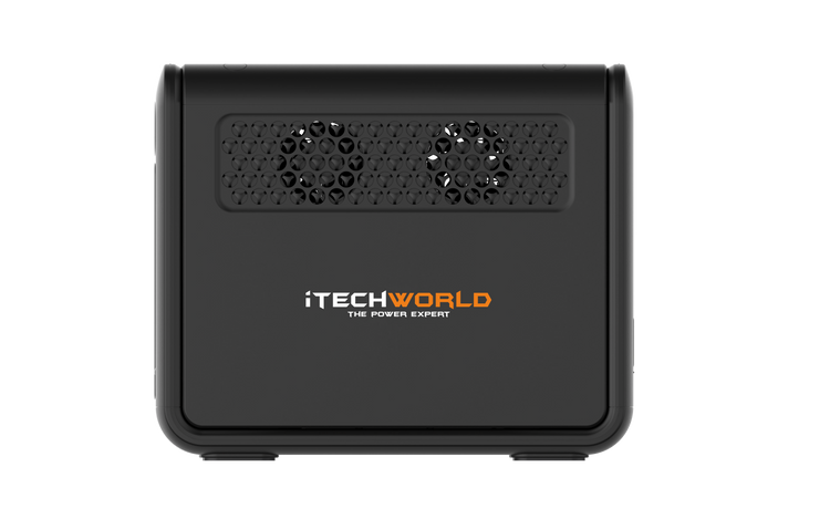 A black iTechworld 1200W 80Ah PS1200 Portable Lithium Power Station with two cooling fans and an orange “iTECHWORLD THE POWER EXPERT” logo on the front panel is displayed against a plain white background. This portable power station features advanced technology, including a pure sine wave inverter, a durable LiFePO4 battery for reliable performance, and built-in Bluetooth connectivity.