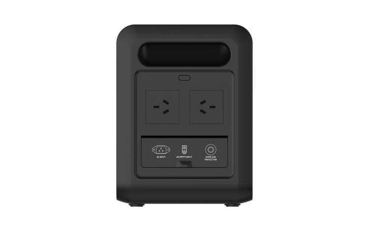 The iTechworld PS1200 1200W 80Ah Portable Lithium Power Station with Bluetooth is a black power station equipped with a durable LiFePO4 battery. It features two universal power outlets, a USB port, DC input, an overload protection switch on the front panel, and a pure sine wave inverter for safe and stable power delivery.