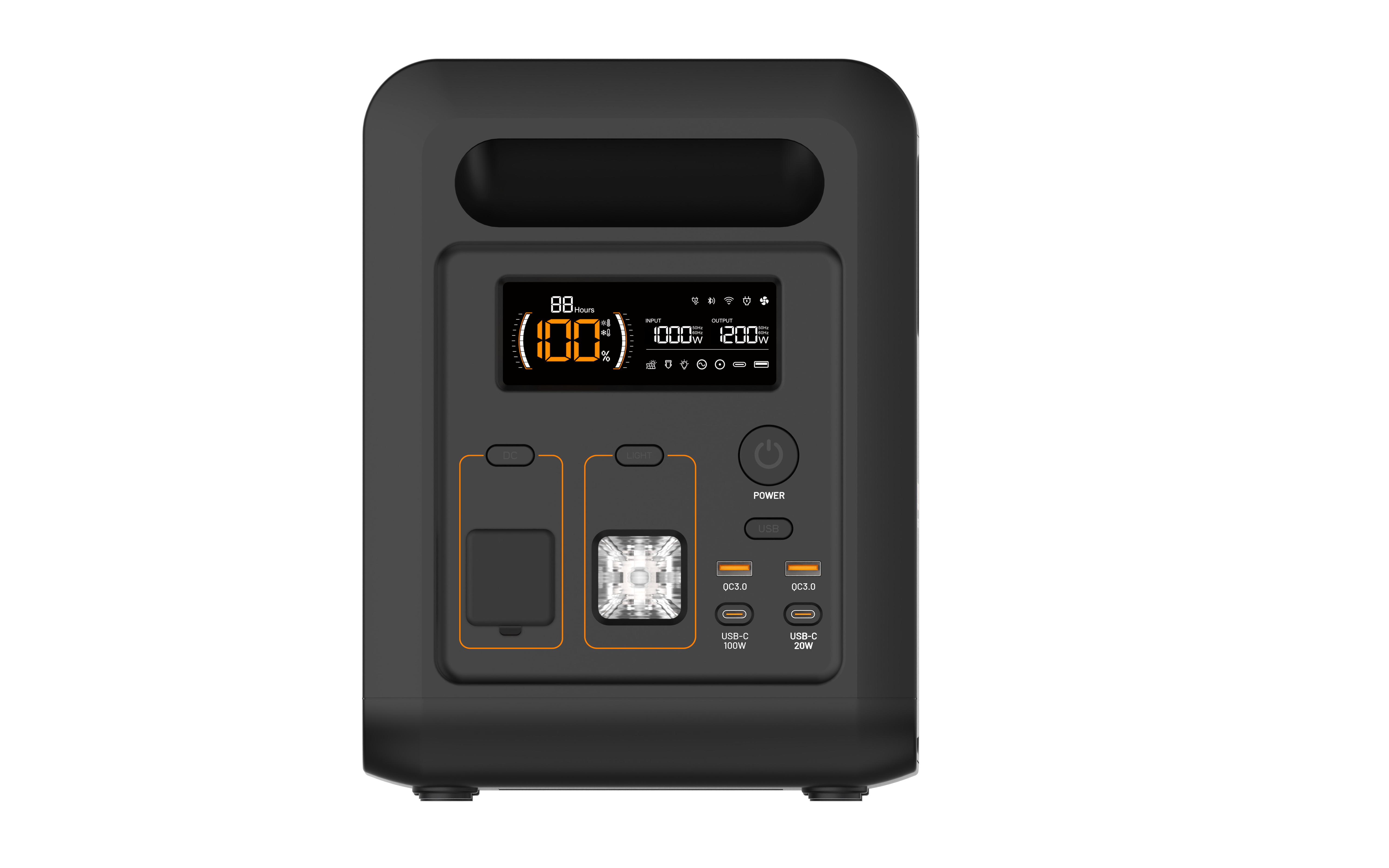 Here’s a rewritten sentence using the product data you provided: The iTechworld PS1200 Portable Lithium Power Station (1200W, 80Ah) features a black design with a convenient top handle, digital display showing battery percentage and other details in orange LED text, two outlet ports, USB ports, and easy-to-use buttons. Powered by a reliable LiFePO4 battery for extended life and enhanced safety, this power station is equipped with Bluetooth connectivity and a pure sine wave inverter to safely run sensitive
