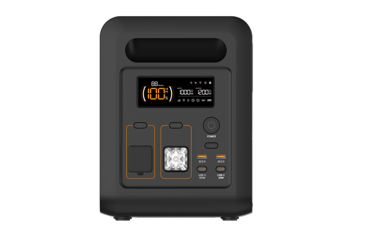 Here’s a rewritten sentence using the product data you provided: The iTechworld PS1200 Portable Lithium Power Station (1200W, 80Ah) features a black design with a convenient top handle, digital display showing battery percentage and other details in orange LED text, two outlet ports, USB ports, and easy-to-use buttons. Powered by a reliable LiFePO4 battery for extended life and enhanced safety, this power station is equipped with Bluetooth connectivity and a pure sine wave inverter to safely run sensitive