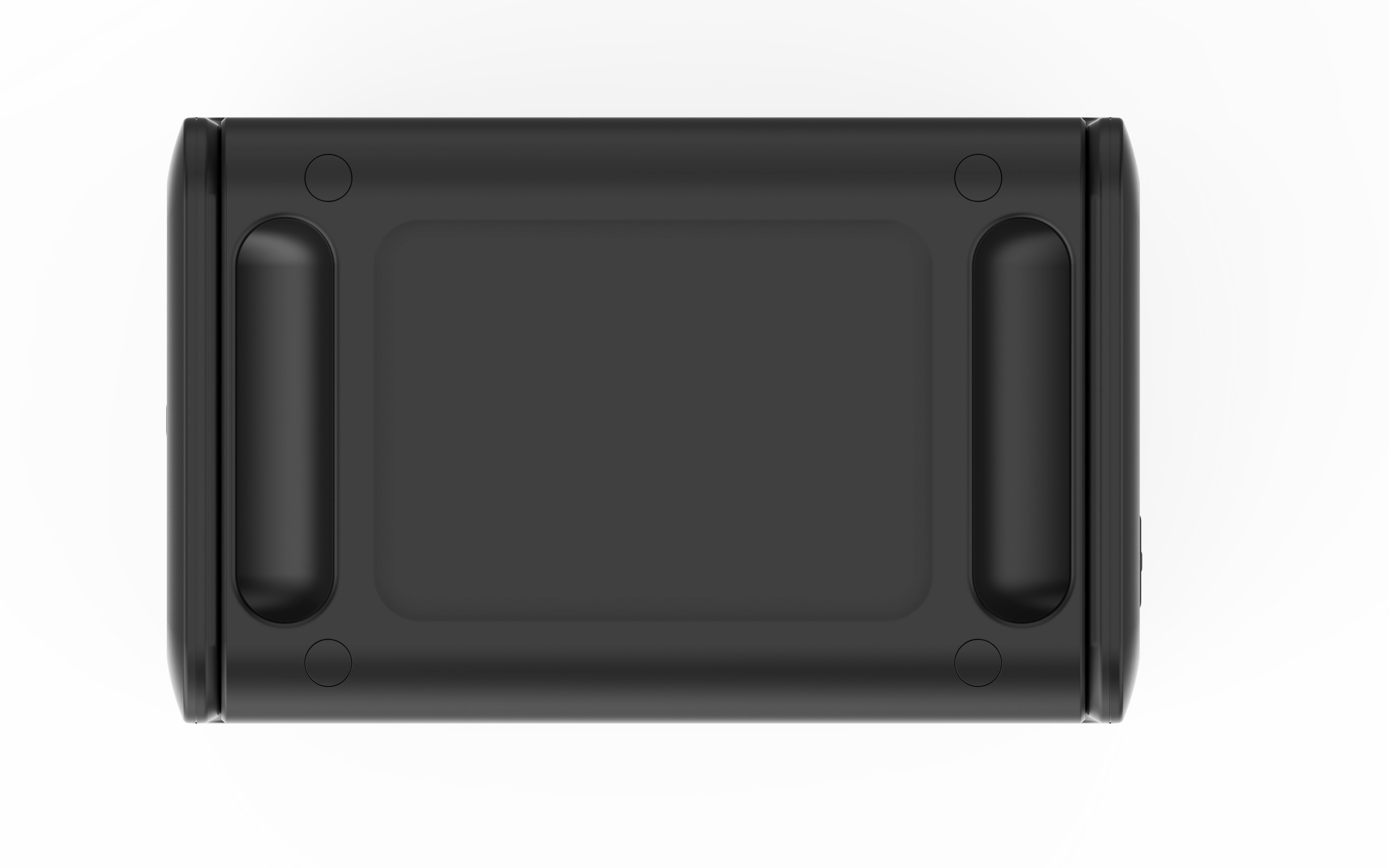 Top view of the iTechworld 1200W 80Ah PS1200 Portable Lithium Power Station with Bluetooth, a black rectangular device with rounded edges and indented grips on each side, set against a white background. This compact power station features a reliable LiFePO4 battery for long-lasting performance.