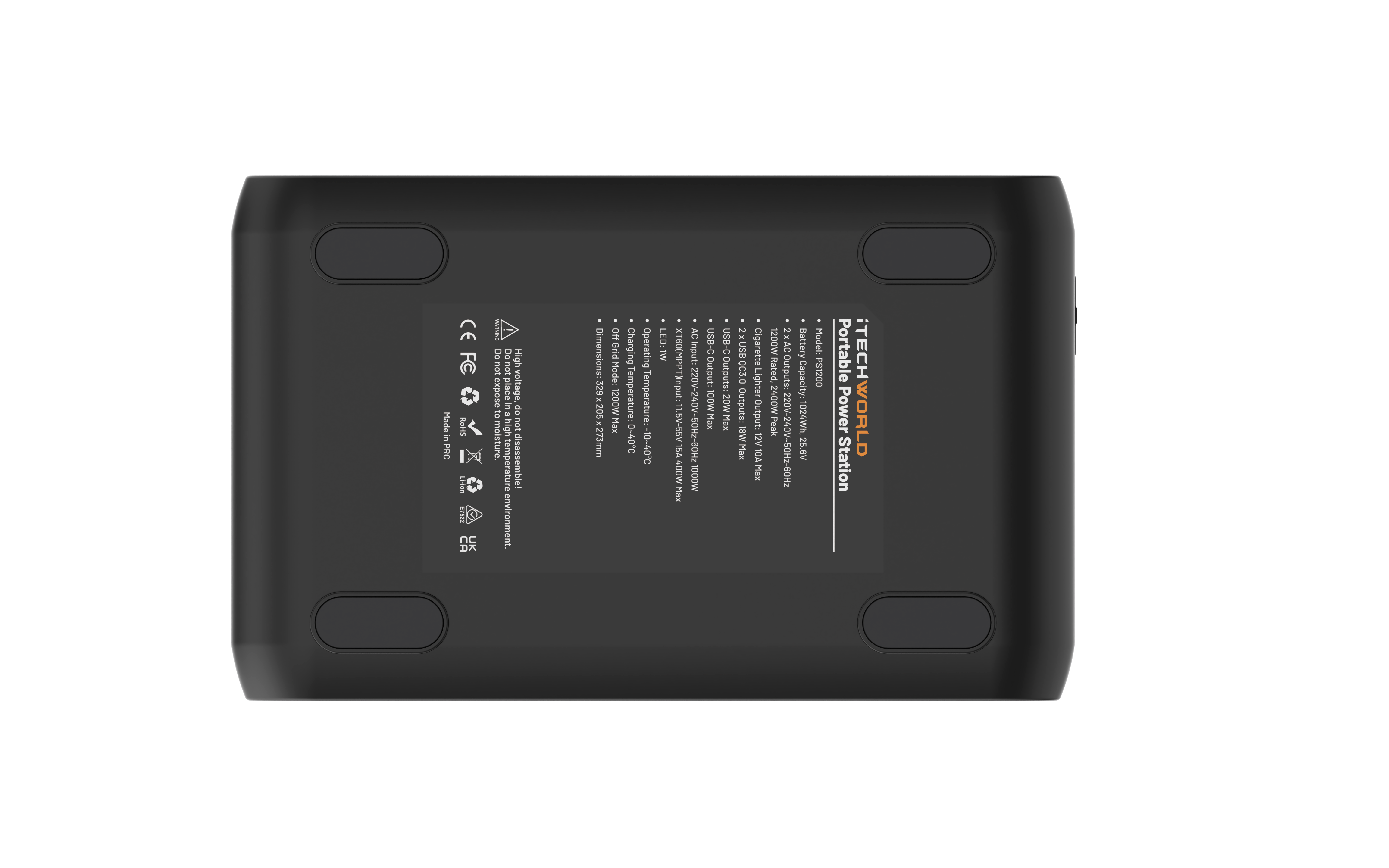 The iTechworld 1200W 80Ah PS1200 Portable Lithium Power Station with Bluetooth is shown in a black rectangular design, photographed from the bottom. It features four rubber feet and a central label displaying technical information, warnings, and certification symbols, all set against a white background.