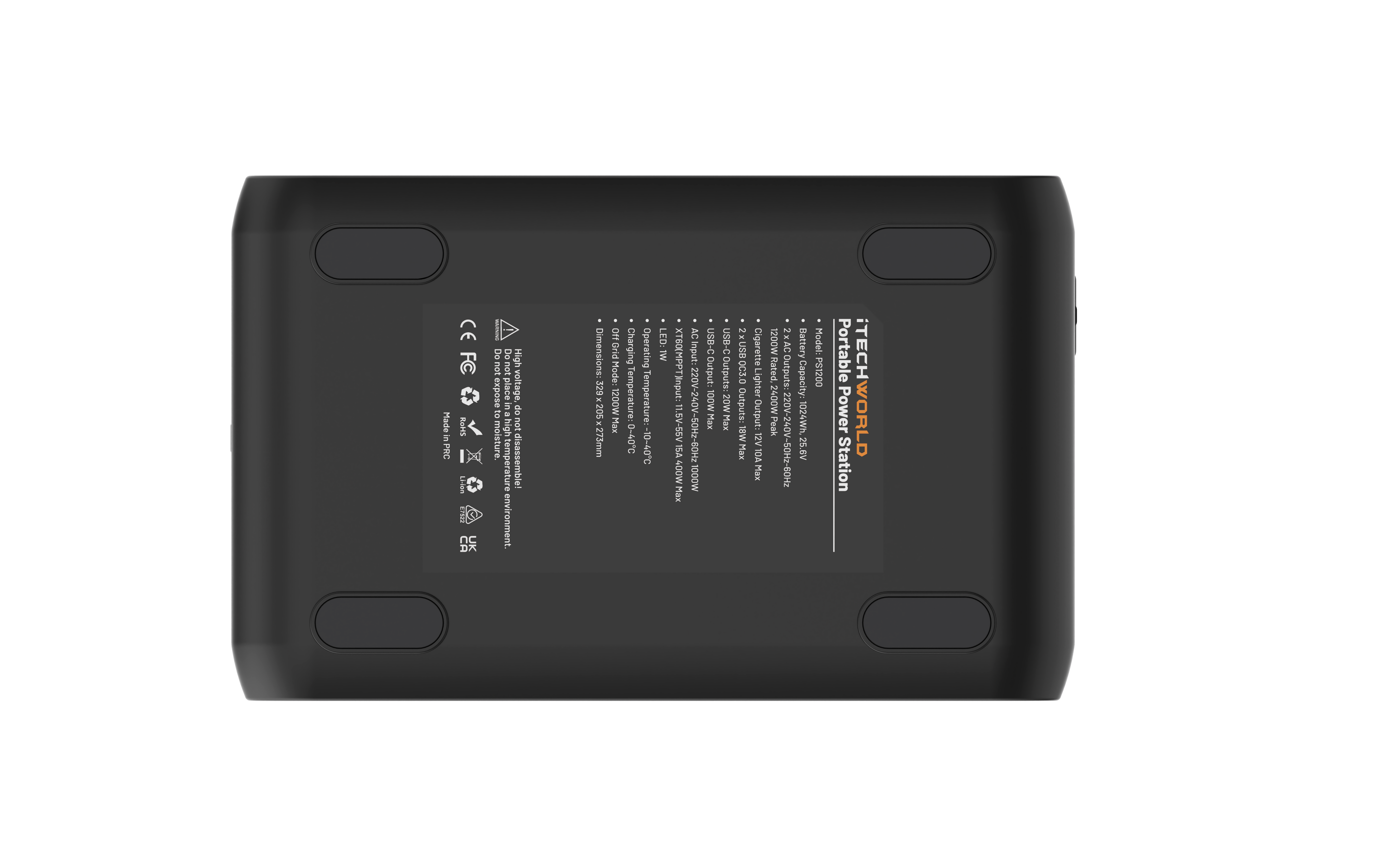 The iTechworld 1200W 80Ah PS1200 Portable Lithium Power Station with Bluetooth is shown in a black rectangular design, photographed from the bottom. It features four rubber feet and a central label displaying technical information, warnings, and certification symbols, all set against a white background.