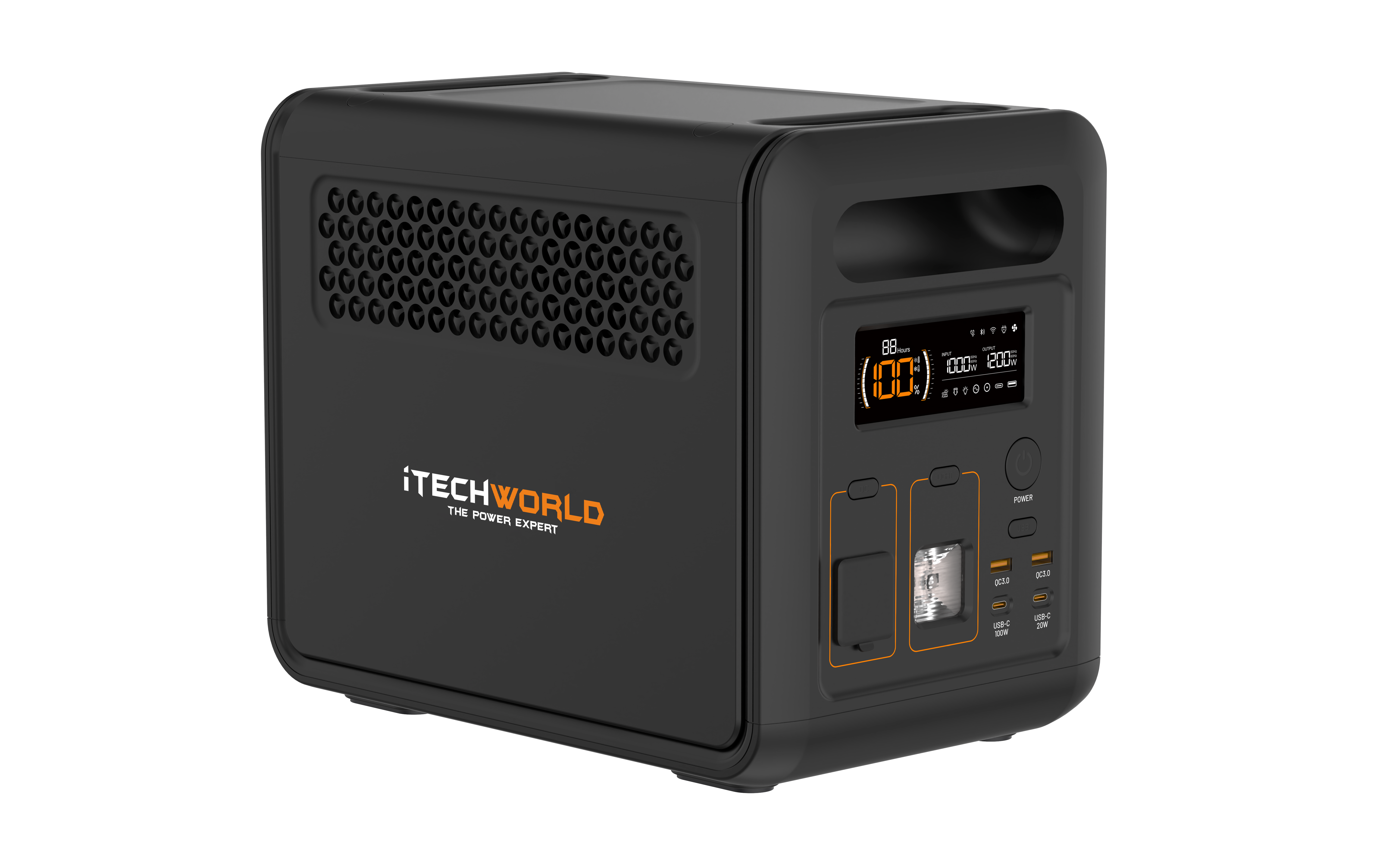 A black iTechworld 1200W 80Ah PS1200 Portable Lithium Power Station with Bluetooth, featuring a pure sine wave inverter, LiFePO4 battery, digital display, multiple ports, and vented sides, is shown on a plain white background.