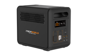 A black iTechworld 1200W 80Ah PS1200 Portable Lithium Power Station with Bluetooth, featuring a pure sine wave inverter, LiFePO4 battery, digital display, multiple ports, and vented sides, is shown on a plain white background.